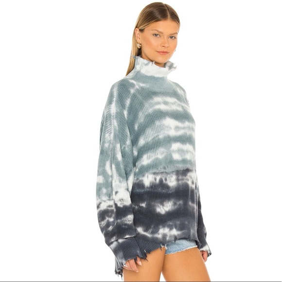 Young Fabulous & Broke Sweaters - Young Fabulous & Broke Distressed Sweater Blue Tie Dye Oversized Mock Neck Tunic